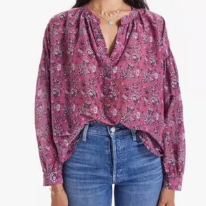 Xirena Romi Top Wild Rose Floral Print Silk Blend Pullover Balloon Sleeves Mauve